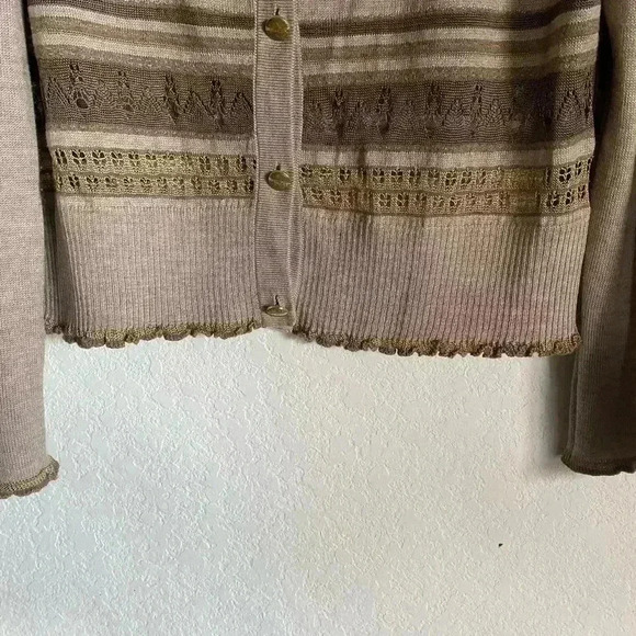 St. John Collection Embellished Ruffle Trim Striped Crew Neck Brown Sweater M - Picture 6 of 14